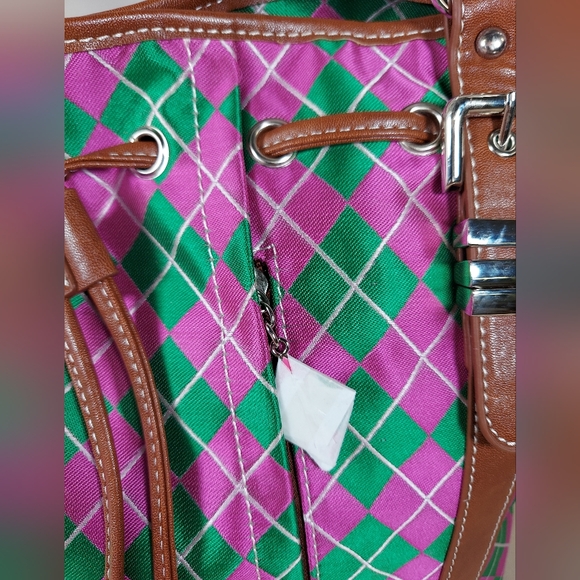 SYDNEY LOVE ARGYLE DRAWSTRING TOTE SHOULDER BAG,PINK/GREEN,ONE SIZE - Picture 4 of 14